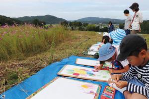 コスモス畑を描く園児たちの写真