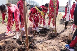 苗に土をかける児童たち